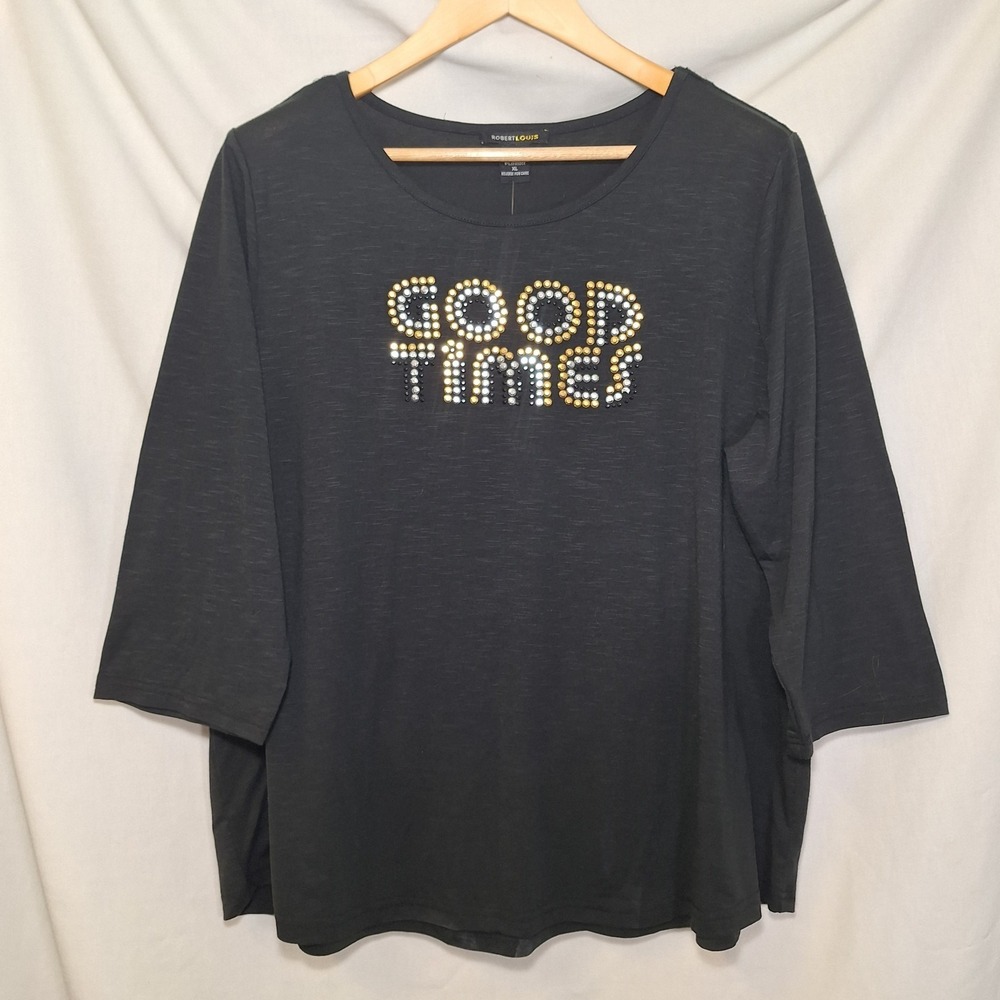 NEW XL Rhinestone GOOD TIMES Black 3/4 Sleeve T-Shirt‎ Knit Club Party Shirt NWT